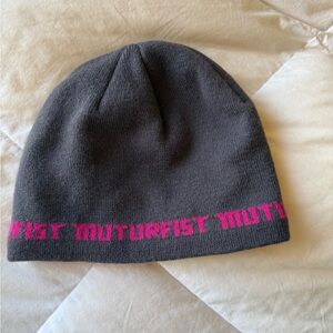 Gray and Pink Motorfist beanie